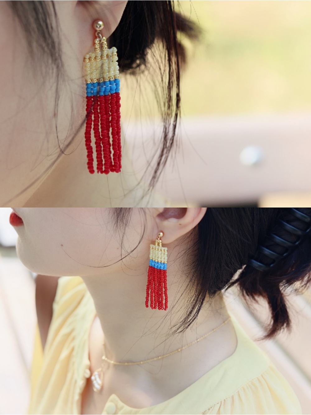 Handmade Artistic Gold, Blue e& Red Beaded Tassel Earrings - Women Jewelry
